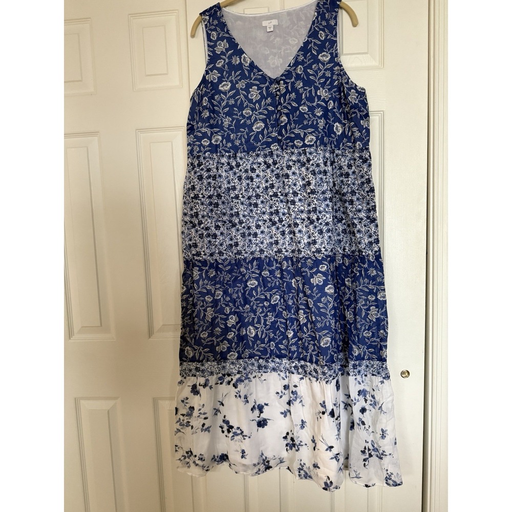 J JILL Tiered Blue Floral Cotton Tall Dress Sleeveless Buttons V-Neck Cottage, M